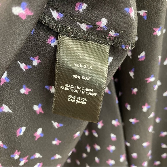 Rebecca Taylor Black Purple White Printed Silk Ruffle Detail Blouse Size 4 - Picture 5 of 9